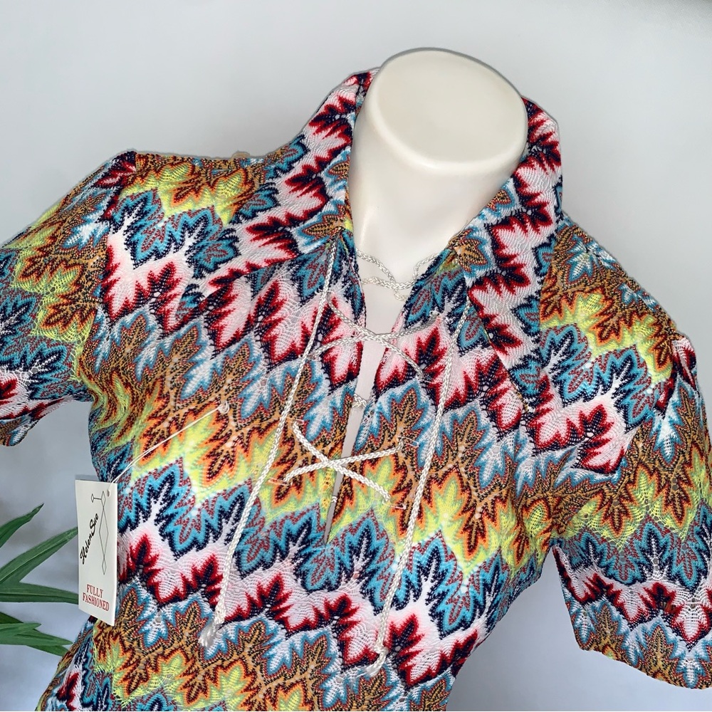 Deadstock 60s! Vintage Mod Dagger Collar Flame Crochet Knit Top - Picture 13 of 13